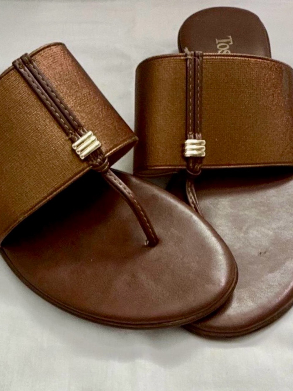 Brown Leather Toe-Post Slide Sandals - Women size 7 Italy - Picture 4 of 5